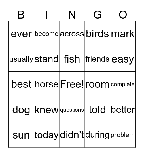 Sight Words Bingo Card