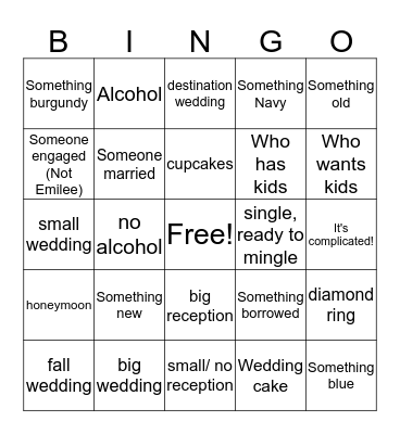 Emiliee Bingo Game Bingo Card