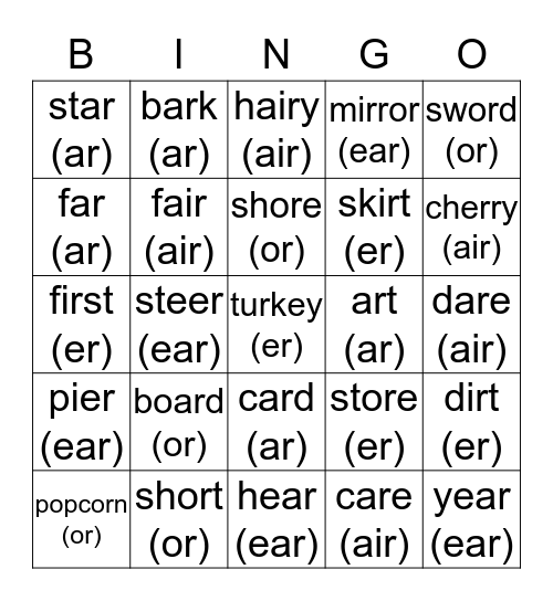 Corrina's /r/ words Bingo Card