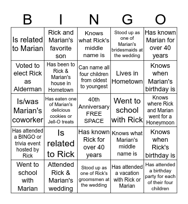 Rick and Marian's 40th Anniversary Bingo Card