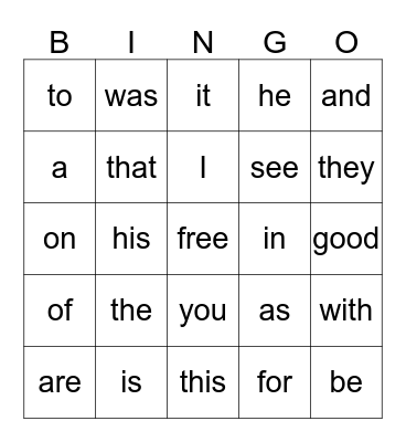 Sight Words Bingo Card