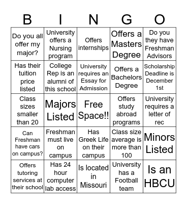 College Fair Bingo! Bingo Card
