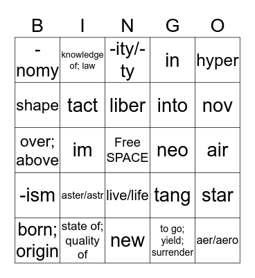 Word Cells Test (1-5) 8th grade Bingo Card