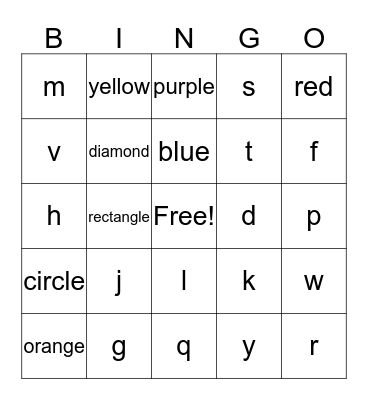Shapes, Colors, Numbers, Letters Bingo Card