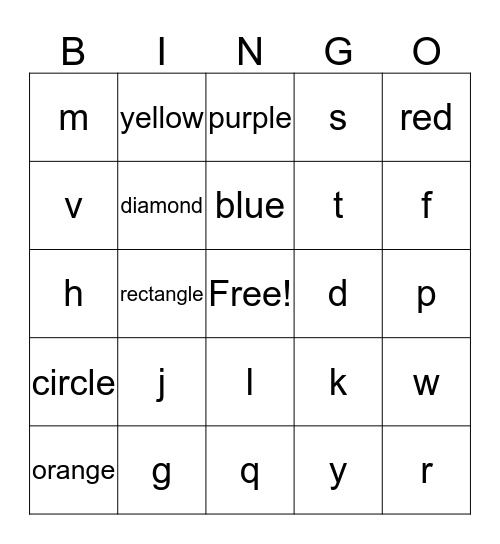 Shapes, Colors, Numbers, Letters Bingo Card