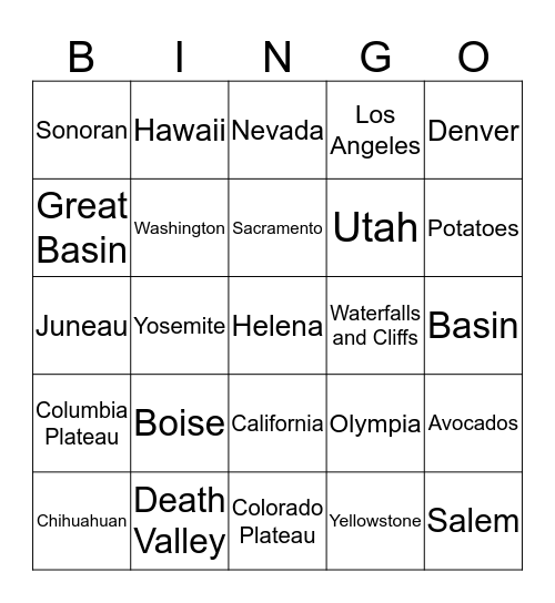 5th Grade Western US Bingo Card