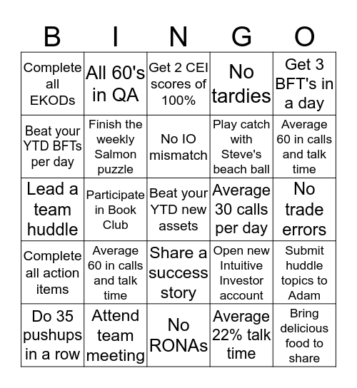 October Team Challenge Bingo Card