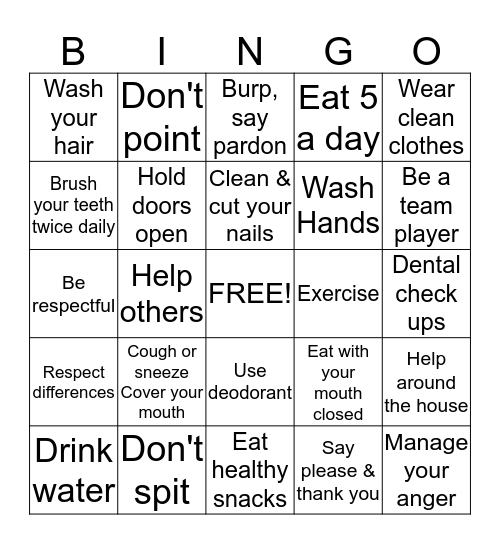 Healthy Lifestyles Bingo Card