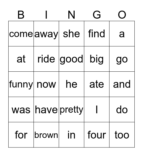 Sight Words Bingo Card