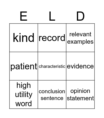 ELD Vocabulary Bingo Card