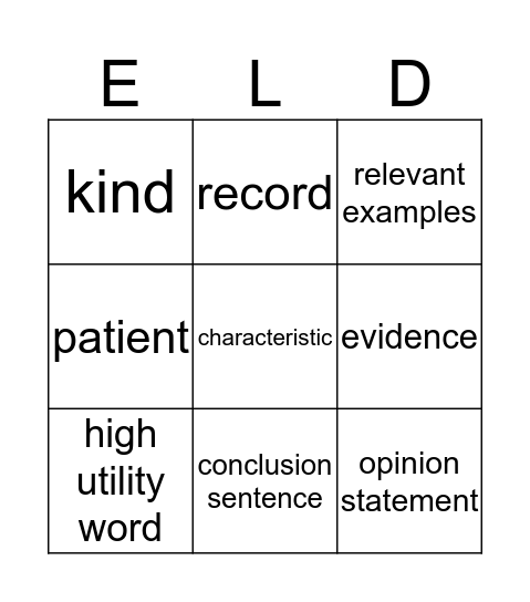 ELD Vocabulary Bingo Card