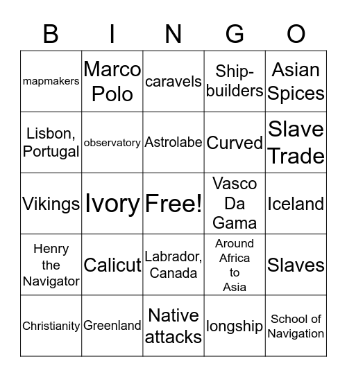Europeans Set Sail Bingo Card