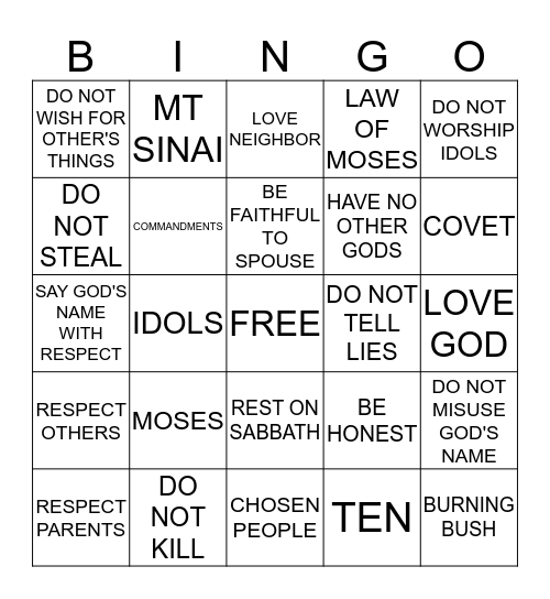 TEN COMMANDMENTS Bingo Card