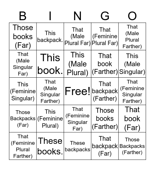 Demonstrative Adjective Bingo Card