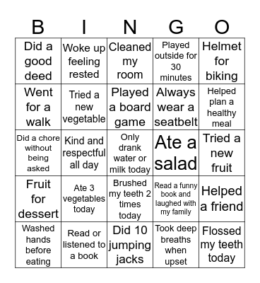 Healthy Choices BINGO Card