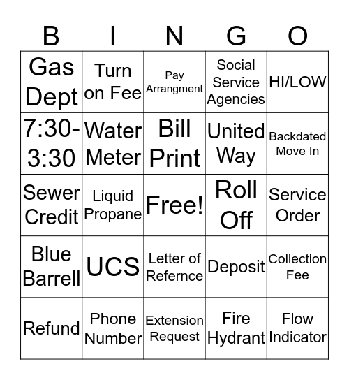 Customer Service Bingo Card