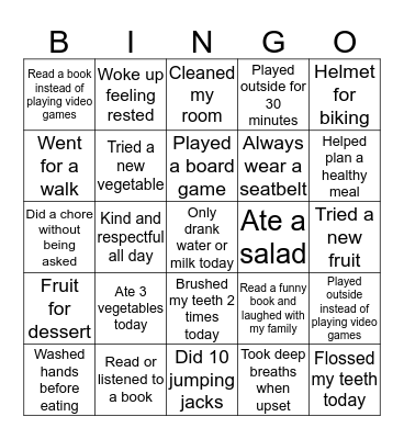 Healthy Choices BINGO Card