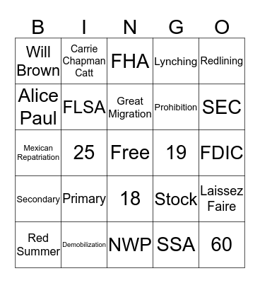 American Studies Bingo Card