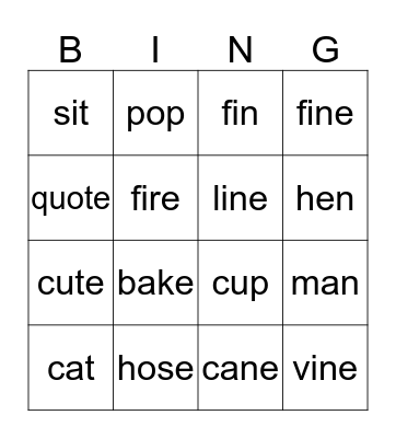 Short and Long Vowel Bingo Card