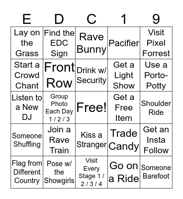 EDC Orlando 2019 Bingo Card