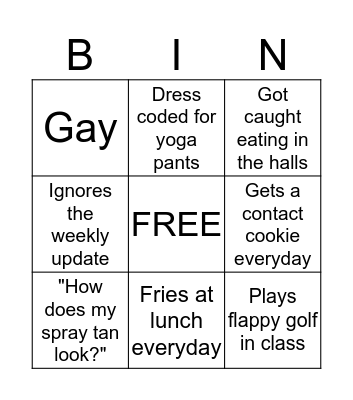 Nerinx Girl Bingo Card