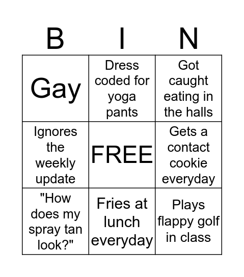Nerinx Girl Bingo Card