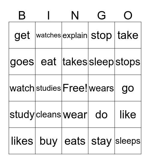 simple present verbs Bingo Card