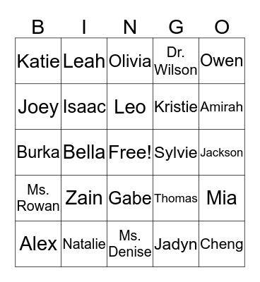 Ms. Rowan's Class Bingo Card