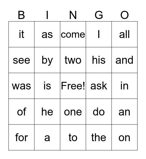 Sight Words Bingo Card