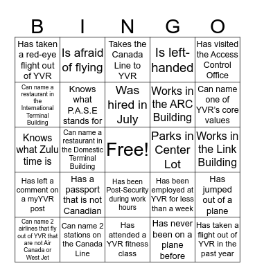 New Employee Bingo Card
