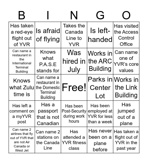 New Employee Bingo Card