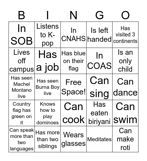 iPal Bingo Card