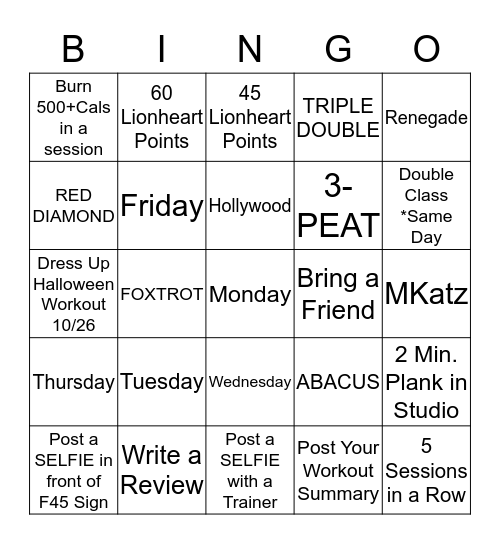 F45 Training Heath Bingo Card