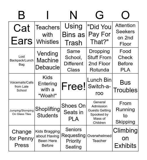 Bad Field Trip Bingo Card