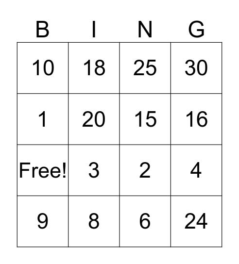 Multiplication Bingo Card