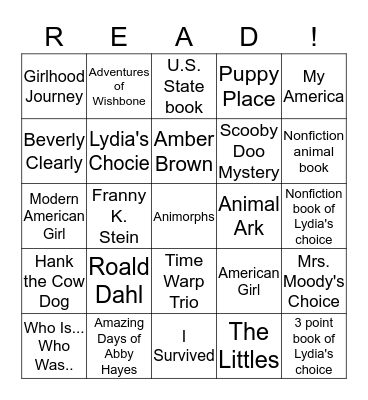 Lydia's Reading Bingo Card