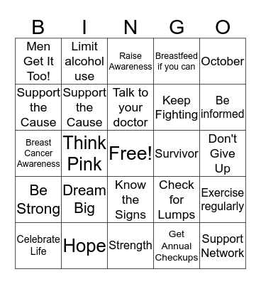 Breast Cancer Awareness Bingo Card