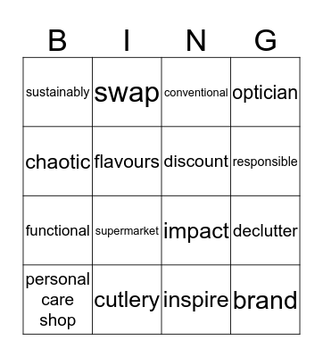 Form 2 Vocabulary Bingo Card