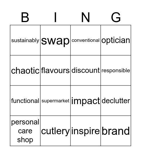 Form 2 Vocabulary Bingo Card