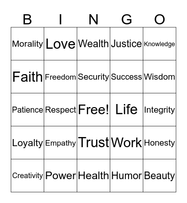 Values Bingo Card
