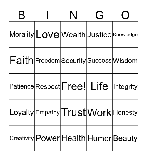 Values Bingo Card