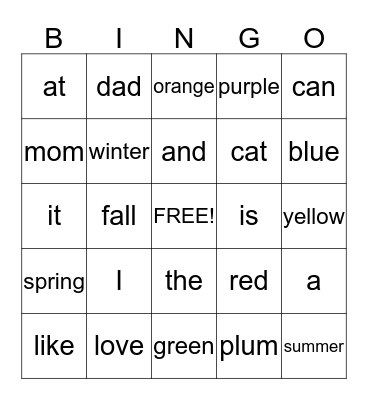 Sight Words  Bingo Card