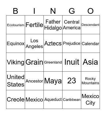 North America Bingo Card