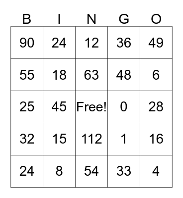 Multiplication Bingo Card