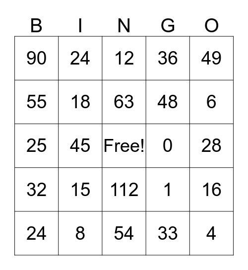 Multiplication Bingo Card