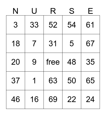 Nurse's Day Bingo Card