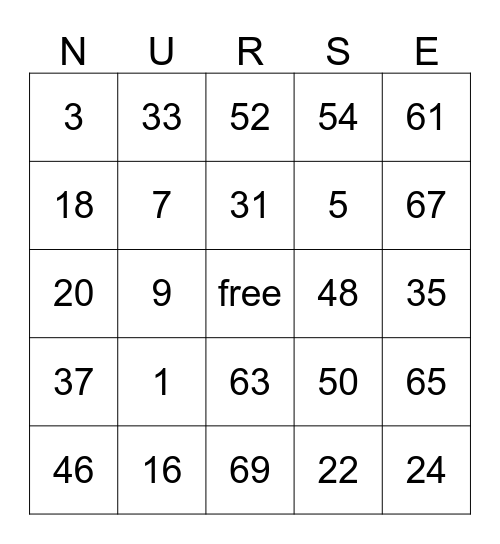 Nurse's Day Bingo Card