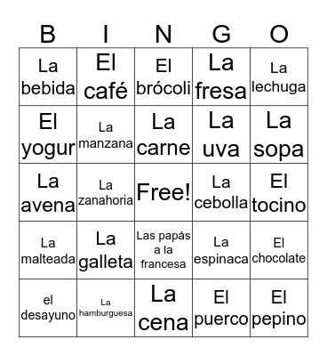 La comida Bingo Card