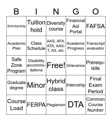 College 101: Terminology Bingo Card