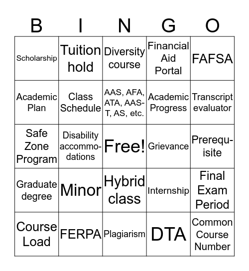 College 101: Terminology Bingo Card